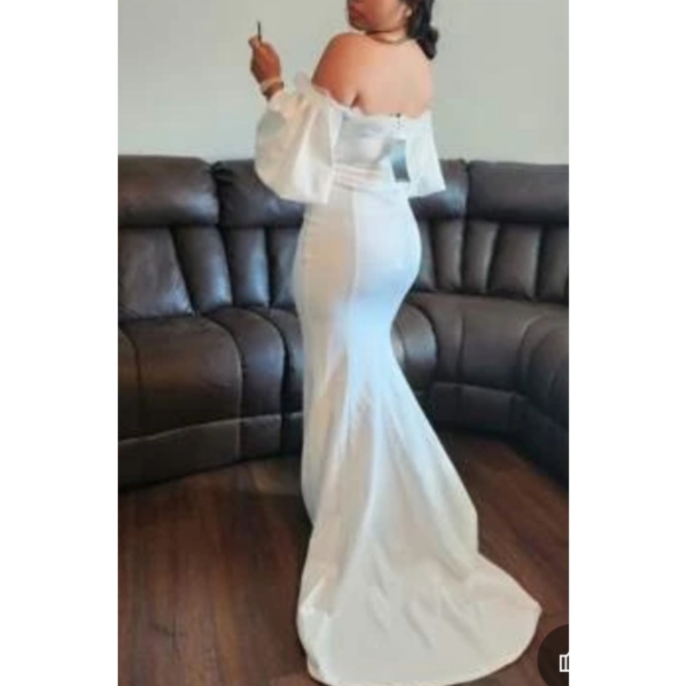 NEW Off Shoulder Contrast Mesh Mermaid Hem White Puff Sleeve Wedding Dre… - Picture 10 of 17
